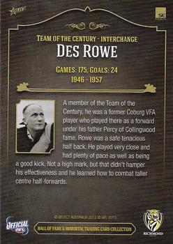 2013 Richmond Hall of Fame and Immortal Trading Card Collection #61 Des Rowe Back